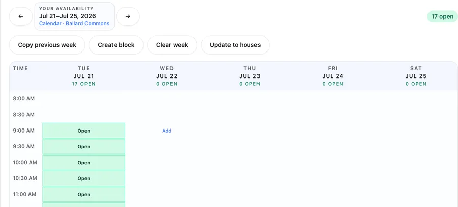 PropLane Calendar showing open self-scheduling tour slots for a property, ready for prospects to book